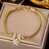 Stainless Steel Rhinestone CZ Love Heart Pentagram Bracelet