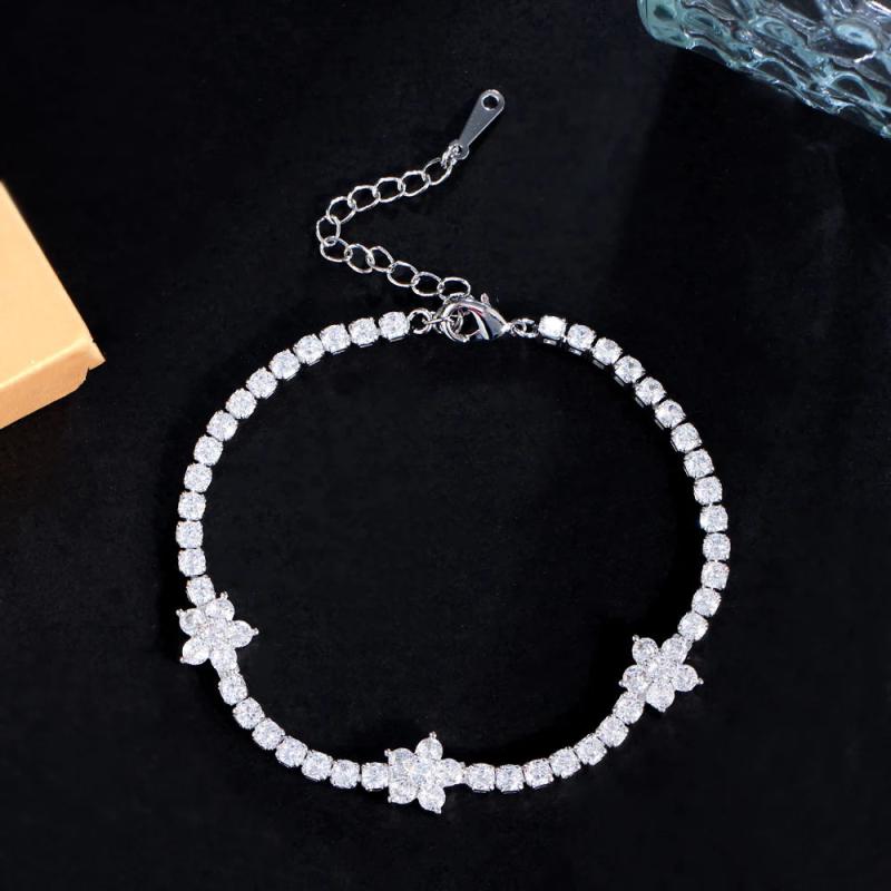High Green CZ Flower Charm Silver Bracelet
