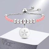 Pink Leather Rope Chain Bracelet for Women with Stainless Steel Beads Charm
