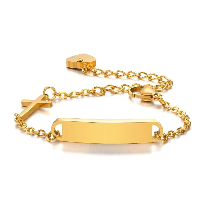 Engraved Newborn Bracelet, Stainless Steel Bangle with Cross Charm