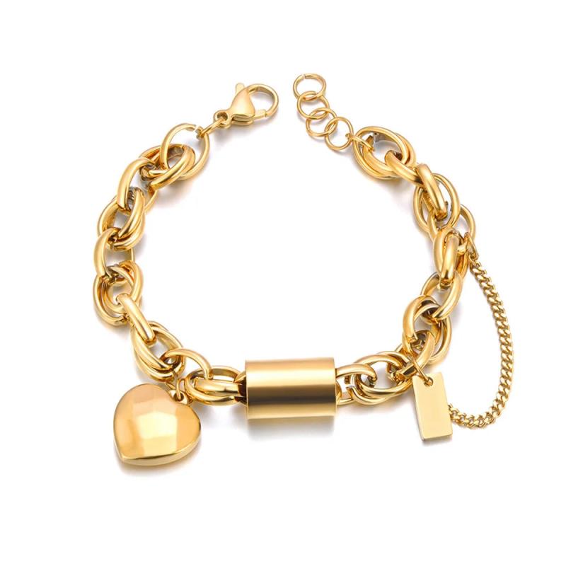Heart Charm Bracelet Bangle, Stainless Steel, Women's Statement Jewel