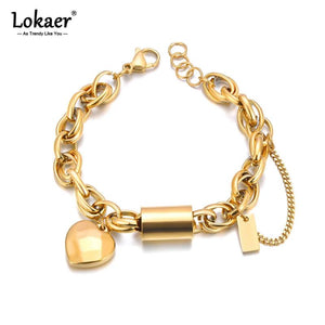 Heart Charm Bracelet Bangle, Stainless Steel, Women's Statement Jewel