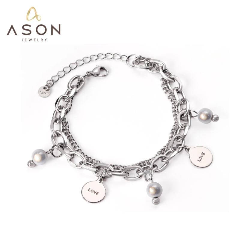 Vintage Silver Pearl Steel Coin Charm Bracelet Bangle for Women