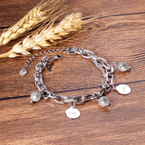 Vintage Silver Pearl Steel Coin Charm Bracelet Bangle for Women