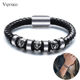 Punk Leather Men Bracelet 3 Lion Head Charms Knitting Leather Bracelet