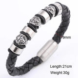 Punk Leather Men Bracelet 3 Lion Head Charms Knitting Leather Bracelet