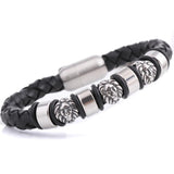 Punk Leather Men Bracelet 3 Lion Head Charms Knitting Leather Bracelet