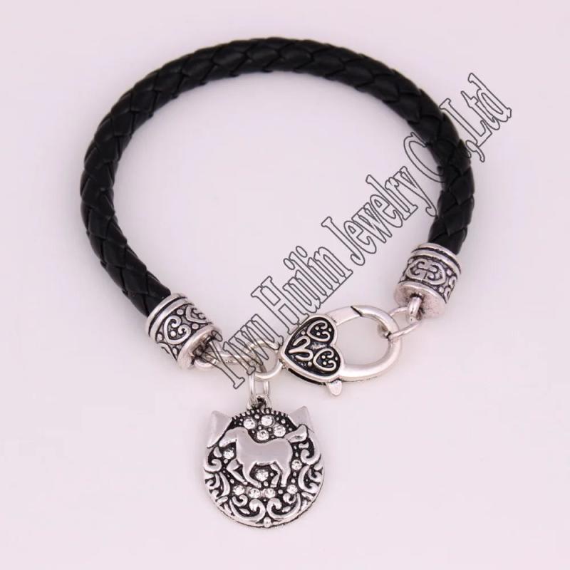 Crystal Horse Charm Bracelet Rope Chain Antique Silver Plated Zinc