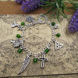 Silver Plated Charm Bracelet Wicca Cross Wing Tree Snowflake