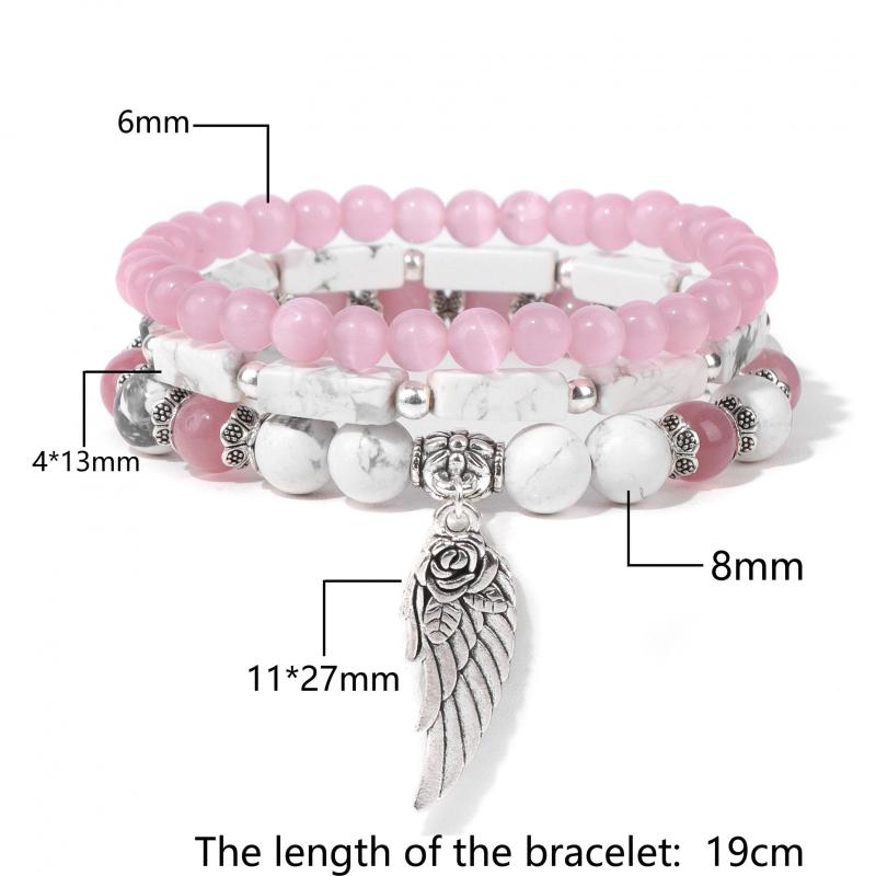 Stone Beaded Bracelets with Silver Wing Charm Pendant Set