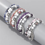 Stone Beaded Bracelets with Silver Wing Charm Pendant Set