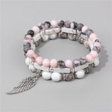 Stone Beaded Bracelets with Silver Wing Charm Pendant Set