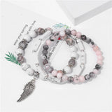 Stone Beaded Bracelets with Silver Wing Charm Pendant Set