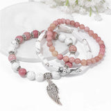 Stone Beaded Bracelets with Silver Wing Charm Pendant Set