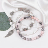 Stone Beaded Bracelets with Silver Wing Charm Pendant Set