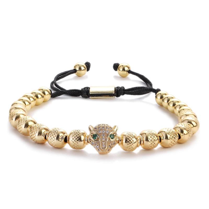 Classic CZ Leopard Head Bracelet Men Copper Beaded Charm Bracelet