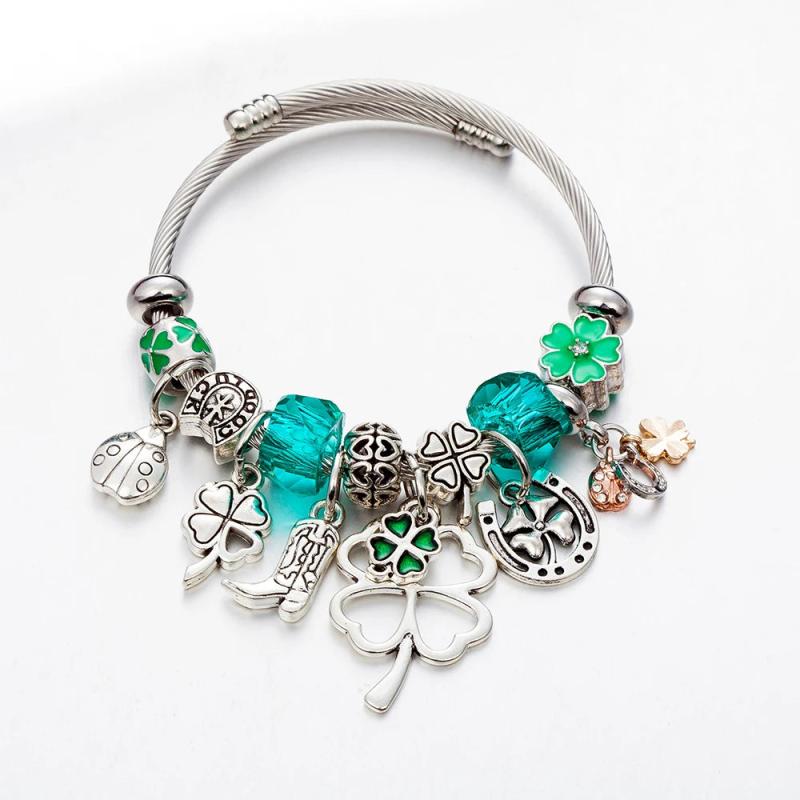 Stainless Steel Bangle Green Four Leaf Clover Lucky Charms Bracelet