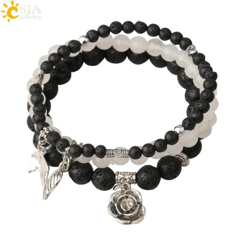 CSJA Healing Crystal Rose Flower Charms Bracelet Set - 3pcs