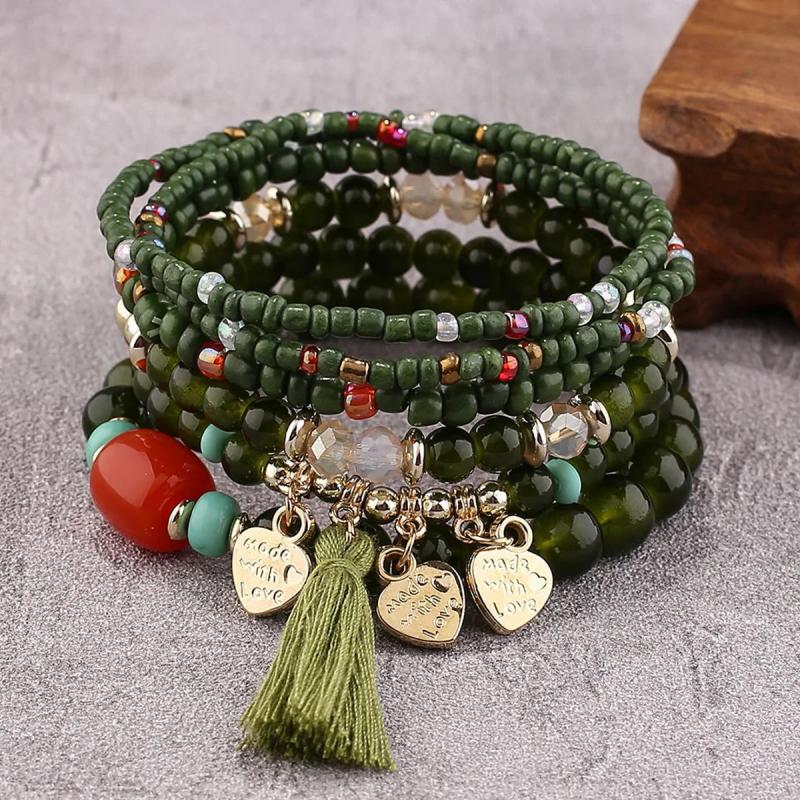 Vintage Glass Bead Bracelet Green Emerald Butterfly Charm Bracelet
