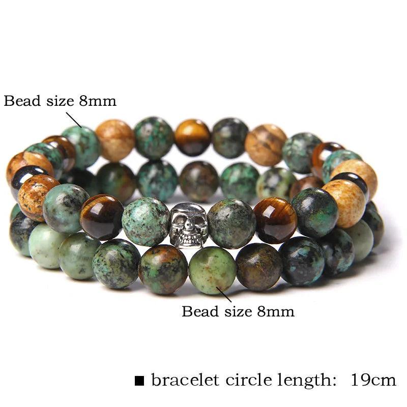 Vintage Punk 8mm Stone Skull Charm Bracelet Men Matte Stone Beads Set Jewelry