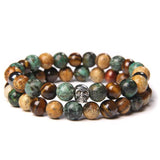 Vintage Punk 8mm Stone Skull Charm Bracelet Men Matte Stone Beads Set Jewelry