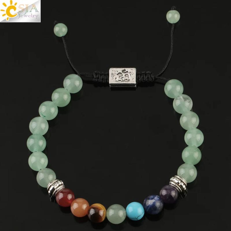 CSJA 7 Chakra Stones Bracelet OM Symbol Yoga Balance Reiki Charms Strand