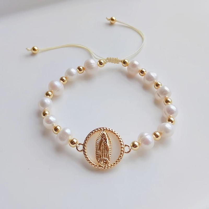 Guadalupe Bracelet Pearl Beaded Mary Charm Adjustable Christian Jewelry