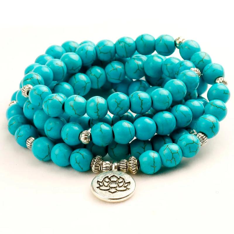 8mm Howlite Lotus Bracelet 108 Beads Buddha Tree Charms Couple Jewelry