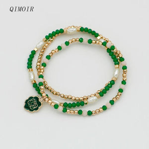 Green Beads Bracelets Set For Women Three Elastic Enamel Charm Item