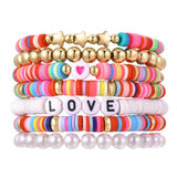 Colorful Clay Bead Bracelet Set with Heart Charms