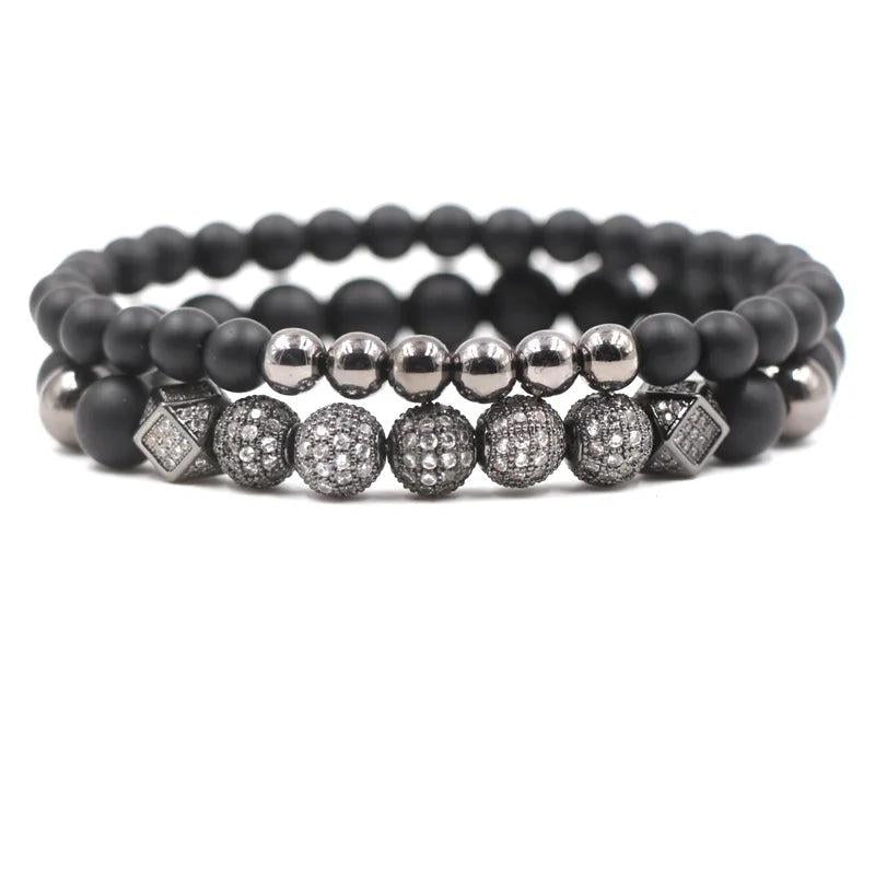 2Pcs/Set Matte Stone Beads Bracelet Pave CZ Ball Bracelets
