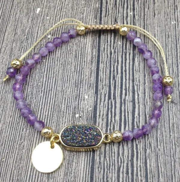 Druzy Stone Charm Amethysts Beads Cord Bracelet