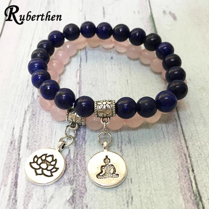 Rose Quarz Lotus Charm Bracelet Lapis Lazuli Women`s Yoga Balance Bracelet