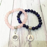 Rose Quarz Lotus Charm Bracelet Lapis Lazuli Women`s Yoga Balance Bracelet