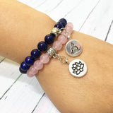 Rose Quarz Lotus Charm Bracelet Lapis Lazuli Women`s Yoga Balance Bracelet