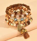 Vintage Wooden Beads Bracelet Tassel Charm Jewelry