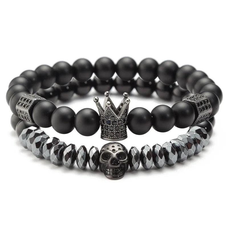 Natural Stone Beads Bracelet Men Zircon Crown Skeleton Skull Bracelets Set