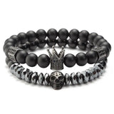 Natural Stone Beads Bracelet Men Zircon Crown Skeleton Skull Bracelets Set