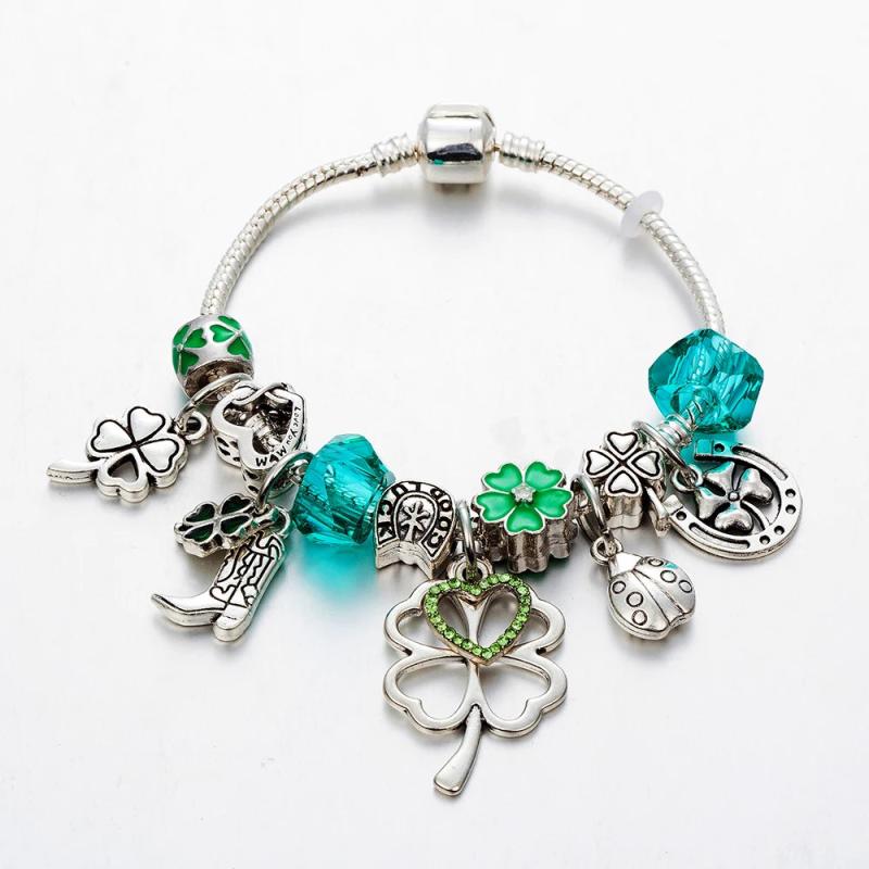 Stainless Steel Bangle Green Lucky Grass Beaded Charms Bracelet