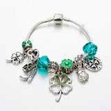 Stainless Steel Bangle Green Lucky Grass Beaded Charms Bracelet
