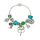 Stainless Steel Bangle Green Lucky Grass Beaded Charms Bracelet