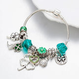 Stainless Steel Bangle Green Lucky Grass Beaded Charms Bracelet