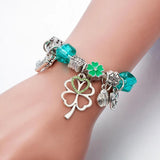 Stainless Steel Bangle Green Lucky Grass Beaded Charms Bracelet