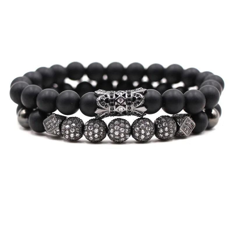 2PCS/Set Natural Stone Bead Bracelets Pave CZ Tube Bracelet Men Women