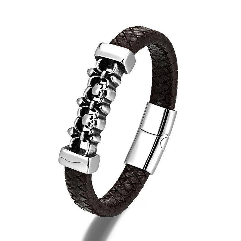 Hip Hop Punk Charm Leather Braided Rope Bracelet with Skull Head