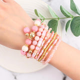 8Pcs Pink Acrylic Glass Bead Bracelet Bohemian Style For Women