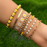 7Pcs Kpop Sunflower Flat Snake Chain Bracelets CCB Beads Couple