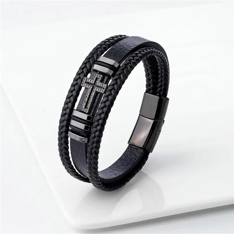 European American Style Cross Layered Leather Stainless Steel Men's Bracelet
