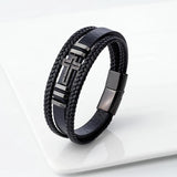 European American Style Cross Layered Leather Stainless Steel Men's Bracelet