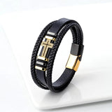 European American Style Cross Layered Leather Stainless Steel Men's Bracelet